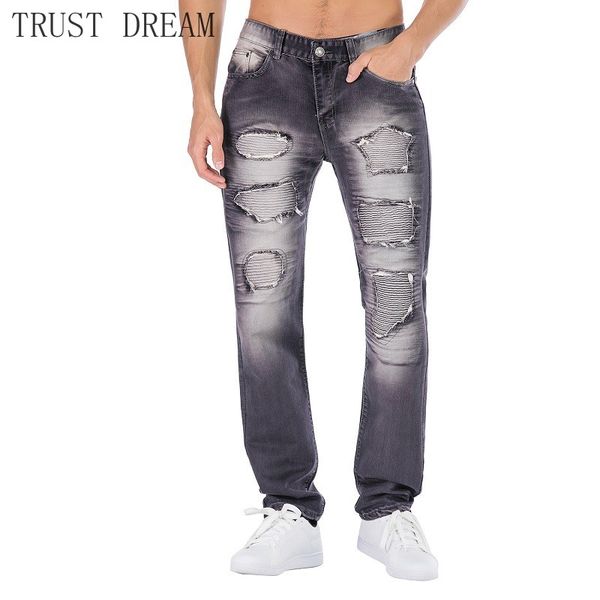 

classic paris designed man biker jeans slim straigt destroyed men patchworks denim pant motor male casual streetwear trousers, Blue