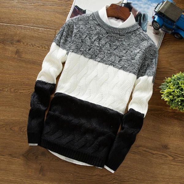 

sweater cashmere sweater thick warm pullovers men autumn o neck long sleeve color block patchwork slim knitted pullover, White;black