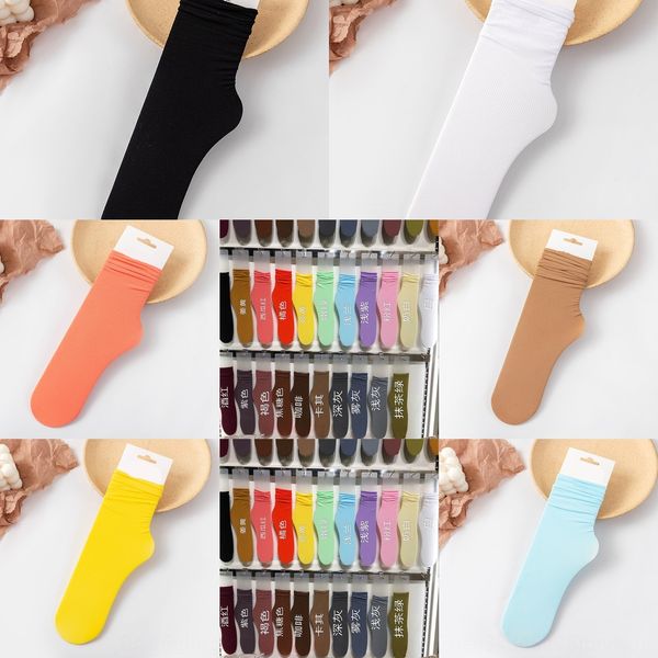 

autumn and winter ice lace sockscandy sockscandy color lace velvet thin solid color loose mouth mid-tube curling socks stacking socks for wo, Black