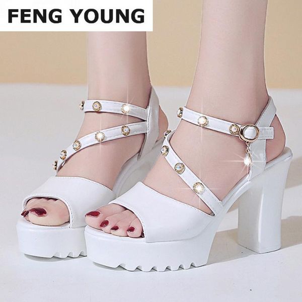 

2020women pumps hoof high heel pu leather peep toe black solid white crystal ankle strap ladies wedding shoes size 35-40