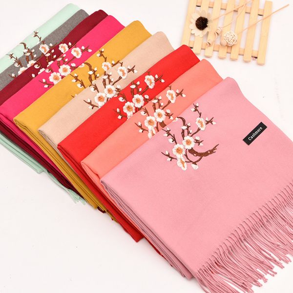 

gift to mom plum blossom double embroidered wine scarf women cashmere lady tassel fashion elegant female scarves, Blue;gray