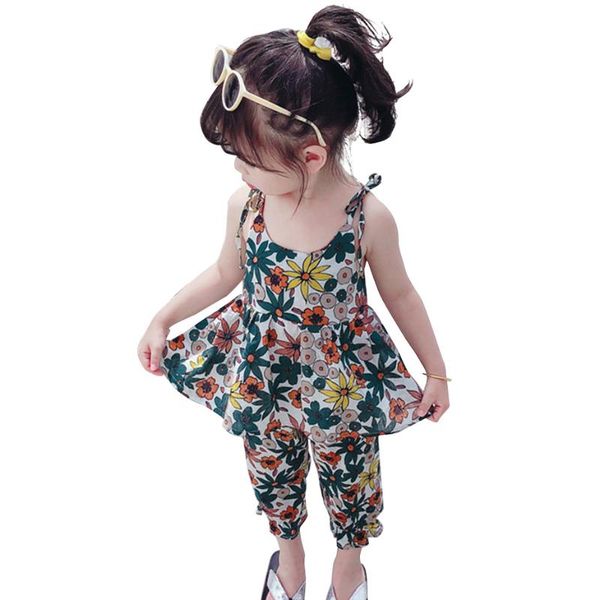

baby girl clothes floral pattern girls outfits vest + short girls tracksuit casual style summer kids clothes, White