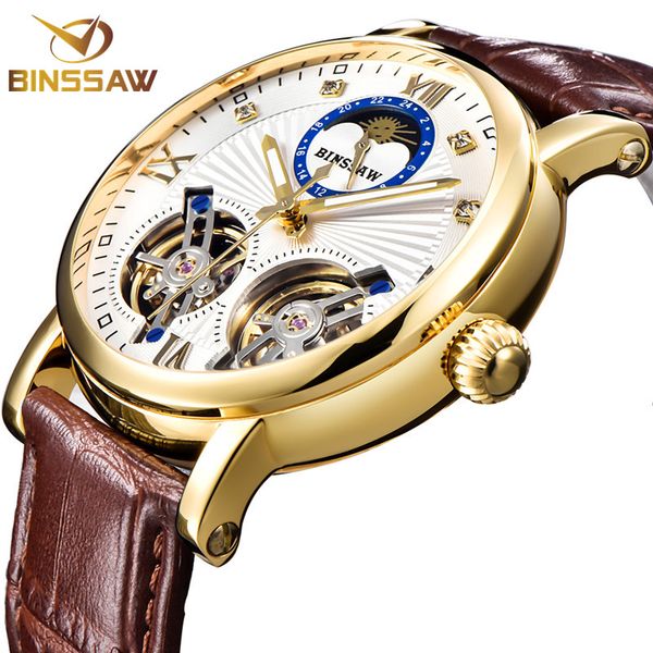 

wristwatches binssaw men double tourbillon automatic mechanical business watch fashion leather sports watches relogio masculino, Slivery;brown