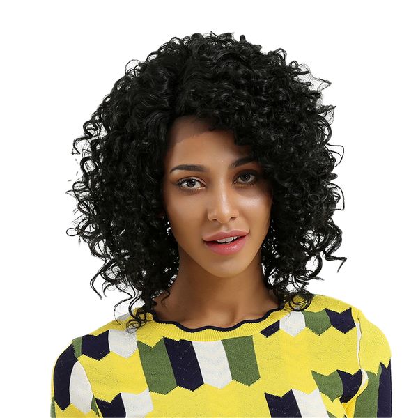 

природные женщины afro фронта шнурка завитые кудрявый парик керлинг парики косплей черный, Black