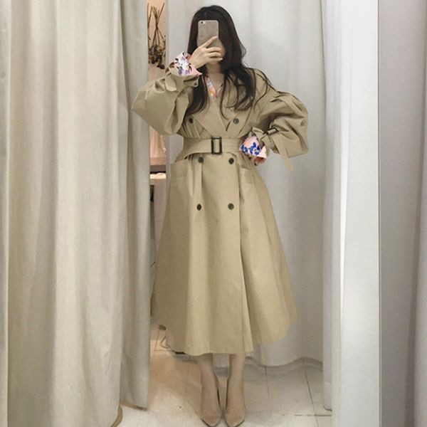 

korean chic2020 autumn elegant and light-cooked style lapel double-breasted waist slimming mid-length trench coat for women, Black;white