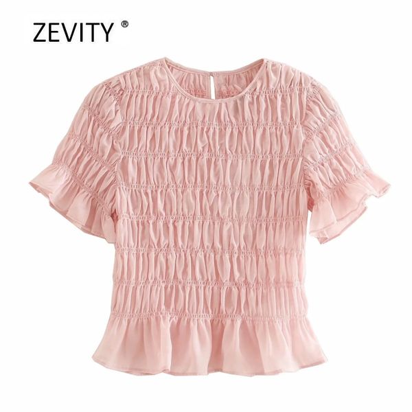 

zevity women sweet candy color round collar elastic slim smock blouse female ruffles short sleeve shirts chic blusas ls6892, White