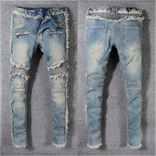 

wholesale han edition 2020 latest version selling handsome ripped hole stripe denim pants, Blue