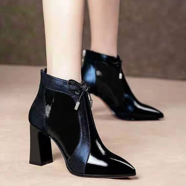 

rimocy patent leather ankle boots for women 2020 elegant pointed toe high heels boots woman fashion bow party shoes lady, Black