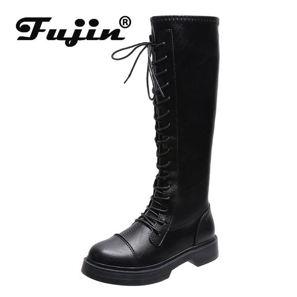 

fujin узелок колено высокие сапоги плюшевые fur velet зима теплая женщины мягкая кожа мода белый квадратный каблук женской обуви winter hot, Black