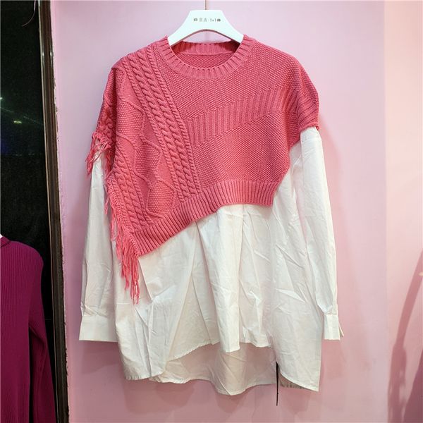 

superaen 2020 autumn new fashion knitted tassel waistcoat contrasting color full shirt patchwork fake two piece sweater women, White;black