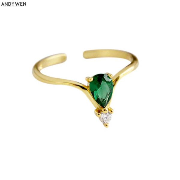 

cluster rings andywen 925 sterling silver green luxury zircon cz resizable ring 2021 fashion female rock punk slim jewelry, Golden;silver