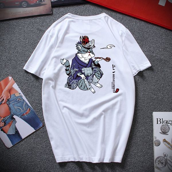 

camisetas hombre street t shirt hip hop t-shirt cat of smoking harajuku japan style summer cotton shirt print front and back