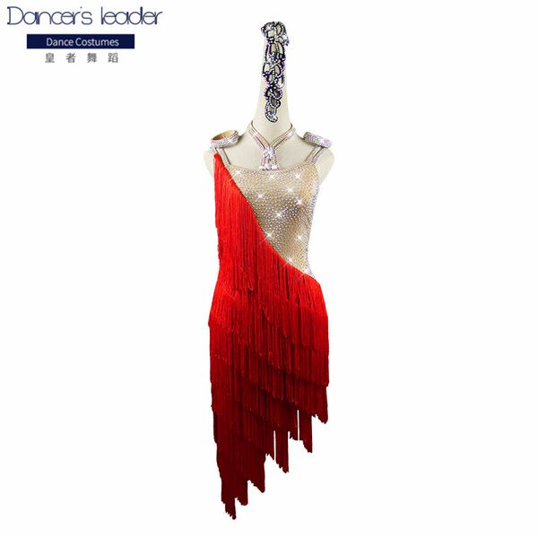 

stage wear latin dance competition dresses performance fringe skirt girls rhinestone red tassel clothing samba dress, Black;red