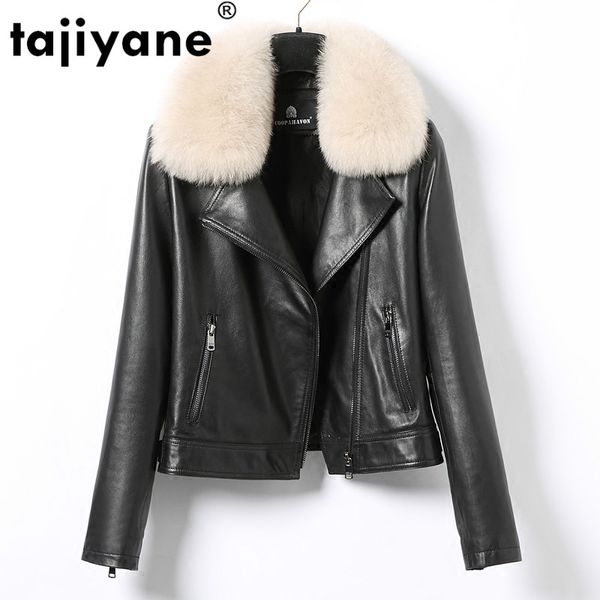 

tajiyane autumn winter women's leather jacket fur collar motocycle sheepskin coat female coats and jackets cn179y27 wpy561, Black