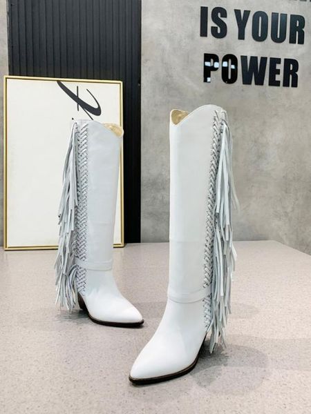 

tassel high heel woman long boots genuine leather fashion luxury designer woman shoes pointed toe solid color zapatos de mujer, Black