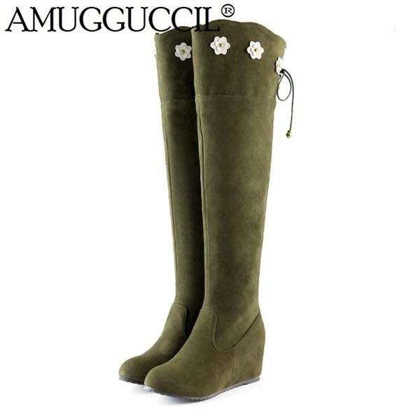

boots plus big size 34-43 black green yellow flower lace up over the knee thigh high winter female girls lady womens x770