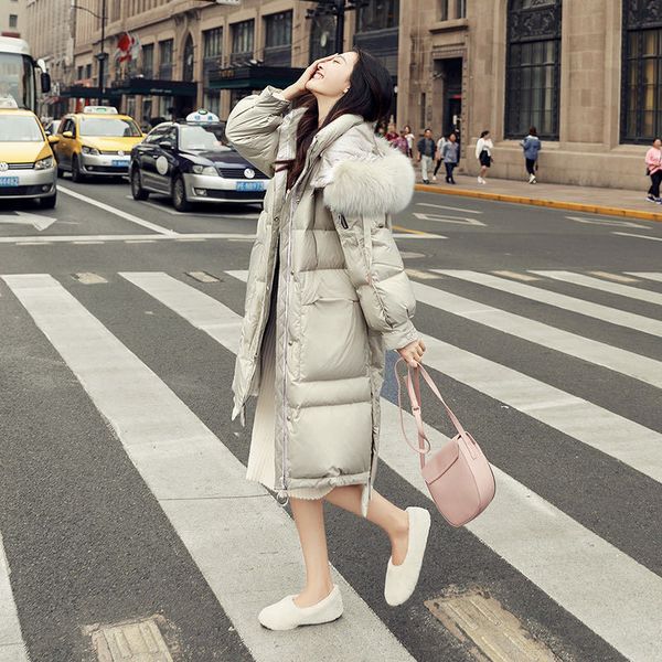 

2020 new down jacket women's korean-style fashion long over-the-knee white duck down coat real fur collar thick coat, Black