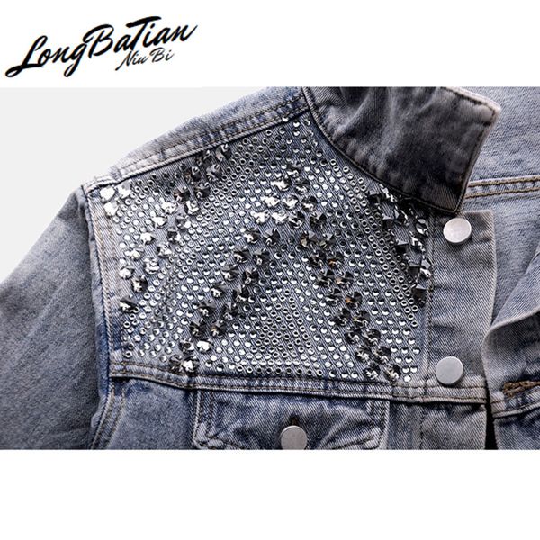 

spring sequins women frayed jeans jacket female loose korean single breasted long sleeve denim coat outerwear, Black;brown