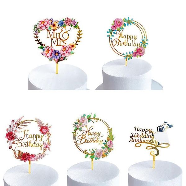 

acrylic cake insert card colored flower happy birthday decor baking party accessories cake wedding golden dessert decoratio