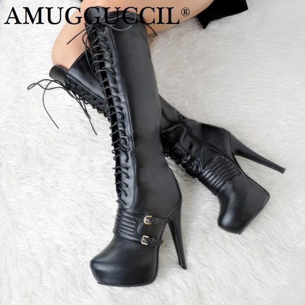

customize plus big size 34-52 black buckle zip lace up knee high heel 14.5cm platform autumn lady females womens boots x1731