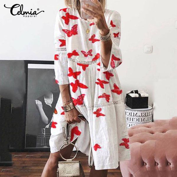 

casual dresses celmia women butterfly print dress pleated three quarter sleeve female loose hollow chic vestidos plus size, Black;gray