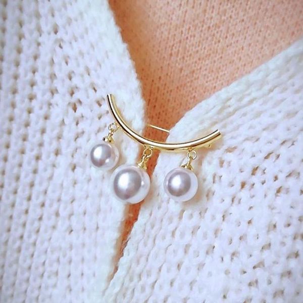

fashion white pearl dangle beads brooch collar clips clip lapel brooch pin alloy simple brooches for women jewelry accessories, Silver;golden