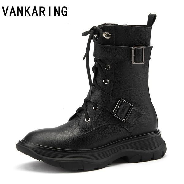 

boots cow leather ankle for women motorcycle black shoes platform thick heel winter booties zapatos mujer