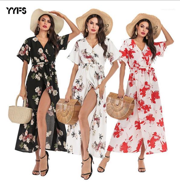 

sleeved v-образным вырезом дробить длинные boho макси платья женщин цветочные шифоновое платье краткости лета, Black;gray