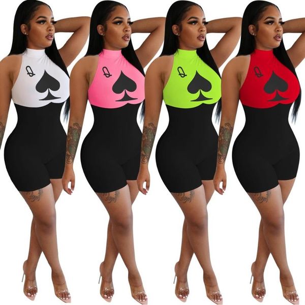 

plus size s-5xl women shorts playsuit printed poker q turtleneck skinny bodycon playsuit party club summer overalls rompers, Black;white