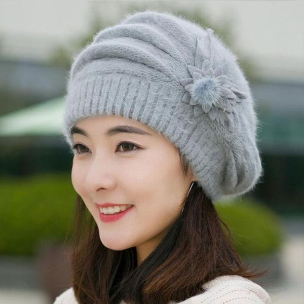 

flower beret hat fur crochet warm women ski cap winter new wool beanie, Blue;gray