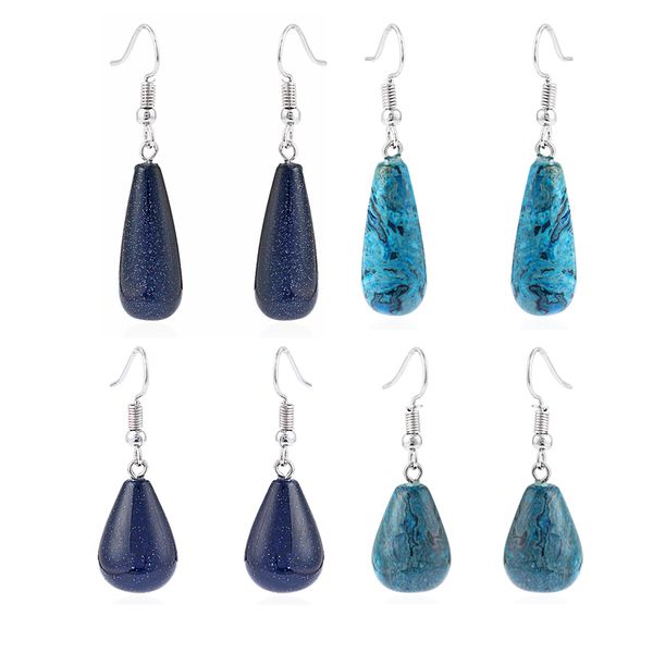 

dangle & chandelier 1 pair ethnic blue sand stone / crazy onyx water drop tears pendants charms earring silver color hook for women