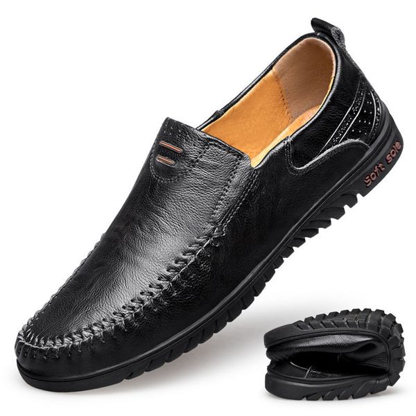 

2020 new genuine leather men shoes casual mens loafers moccasins breathable slip on driving shoes boat plus size 39-44, Black