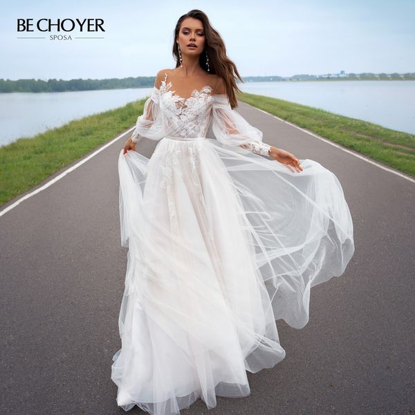 

Vestido de Noiva Sweetheart Appliques Lace Wedding Dress 2020 Boho Illusion Puff Sleeve A-Line Princess BECHOYER PA03 Bride Gown, Champagne