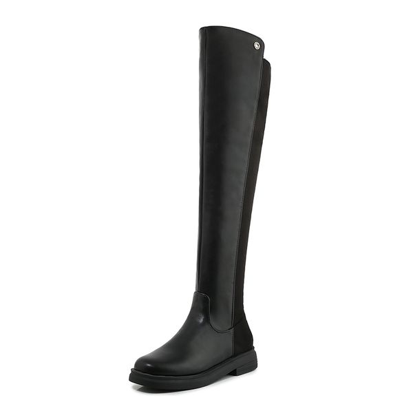

boots pu stitching flock low-heeled over-the-knee thick-heeled round toe plush inner side zipper winter, Black