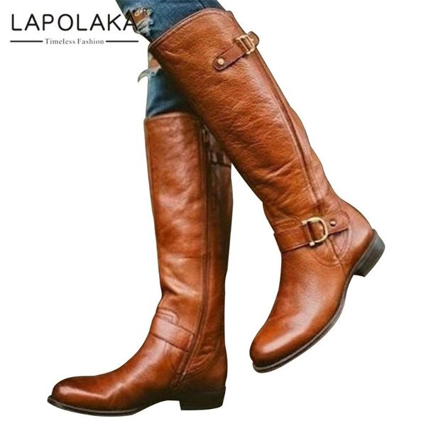 

lapolaka new arrivals dropship large size 43 buckle decoration mid calf boots woman shoes zip up chunky heels shoes women boots, Black