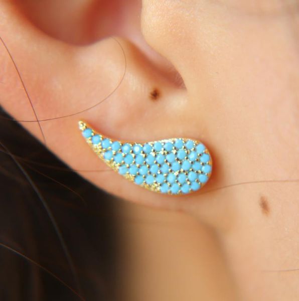 

stud micro pave nano turquoises stone wing studs long ear wire 925 sterling silver climber earring, Golden;silver