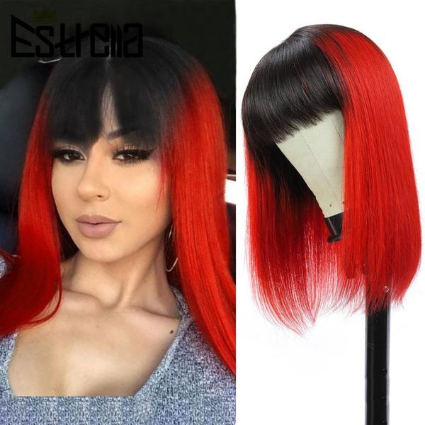 

bangs wig human hair straight brazilian blonde ombre human hair wigs with bangs for women 14" remy full machine made wig 200g, Black;brown