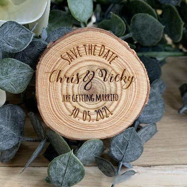 

personalized save the date magnets, custom rustic wood slice save the dates magnet for guests, wedding souvenir, thank you favor