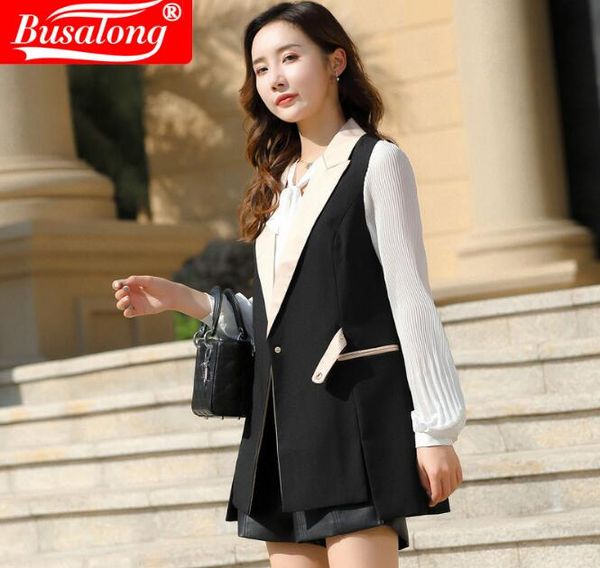 

2020 new spring summer fashion women long vest and pant two piece set elegant patchwork office ladies profession suite female, Black;white