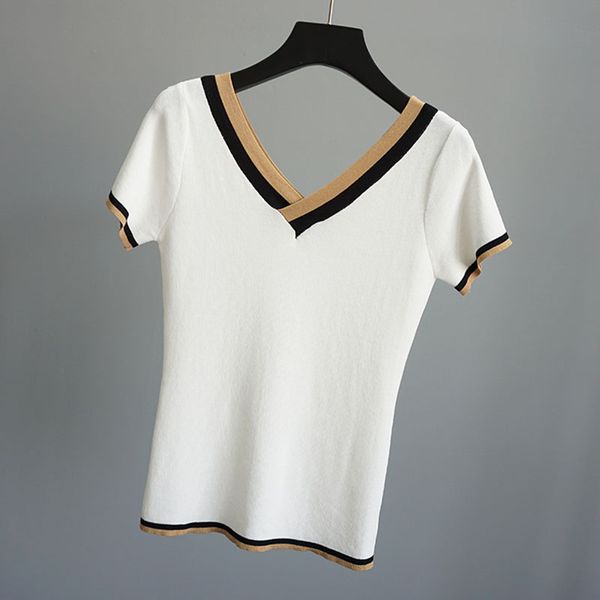 

ladies ice lien cool pullover short sleeve knitted women high fashion summer knitwear causal solid color white pull female, White;black