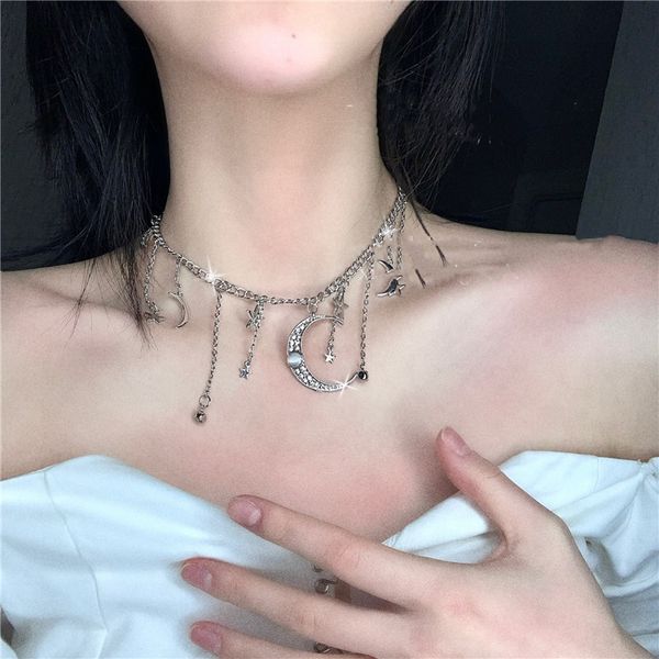 

chokers fyuan vintage moon star crystal choker necklaces for women long tassel chain weddings jewelry party gifts, Golden;silver