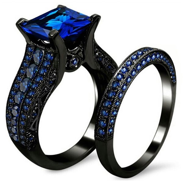 

fdlk black gold rhinestone princess cut black or blue cz wedding engagement band bridal rings set size 5-12, Golden;silver