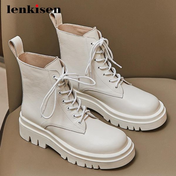 

boots lenkisen large size motorcycle genuine leather round toe thick high heel lace up handsome maiden ankle l36, Black