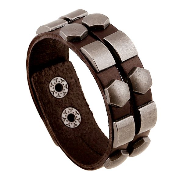 

punk men jewelry brown genuine leather stud bracelet snap button clasp fashion bangles gifts for men, Golden;silver