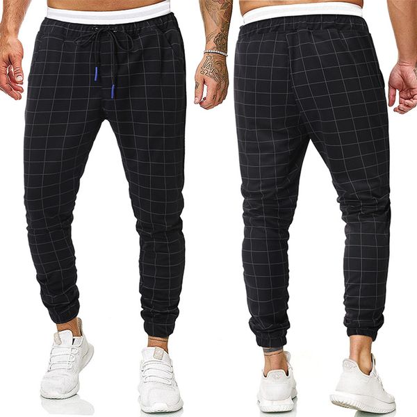 

men's fashionable plaid all-match lace-up belt trousers leggings dark plaid sports casual trousers, Blue