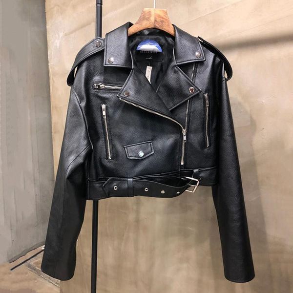 

2020 autumn winter coat retro high street turn-down neck women pu leather jacket short black faux leather jacket female py186