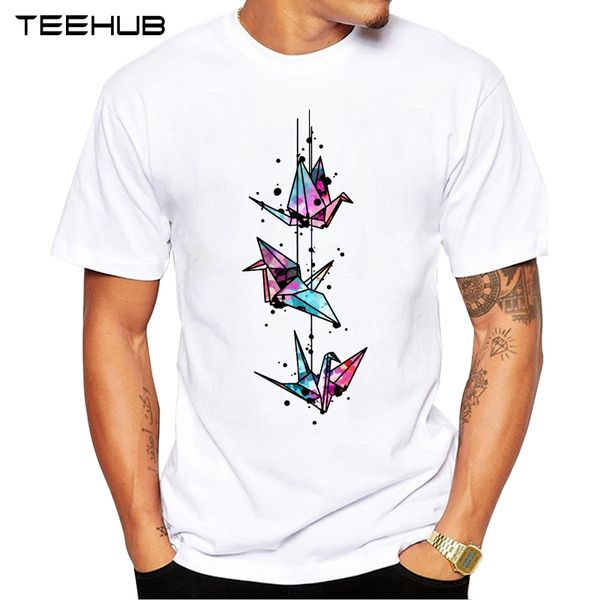 

new arrivals 2019 teehub cool men's fashion origami white crane watercolor design t-shirt short sleeve o-neck hipster tee