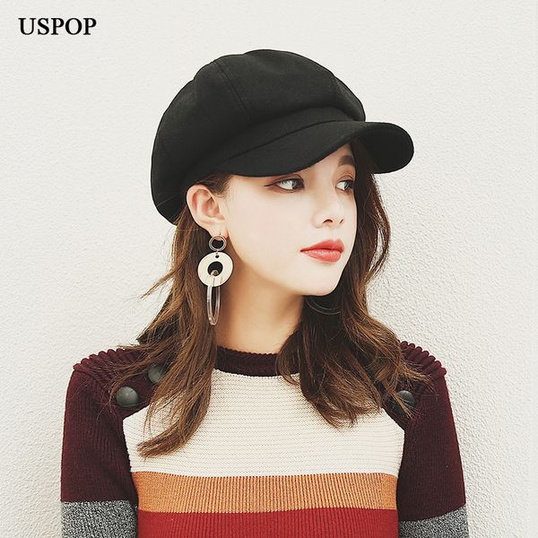 

uspop women wool beret hat british style retro solid color octagonal cap female thick warm winter hats visor cap, Blue;gray