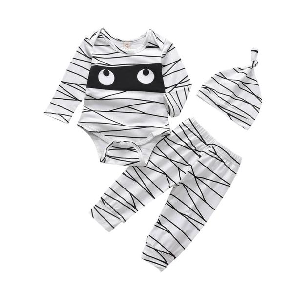 

3pcs striped baby clothes newborn infant baby girls boys halloween romper+ mummy pants hat pajamas winter outfits ropa niÃ±a, White