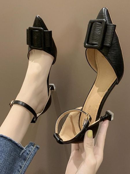 

high heel girl thin heels 2020 new wild pointed square buckle women's shoes black word buckle fairy shoes
